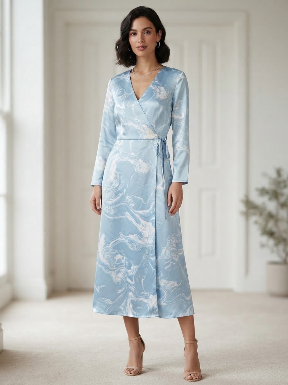 Alfani Blue Marble Satin 3/4-Sleeve Midi Wrap Dress Size M NWT